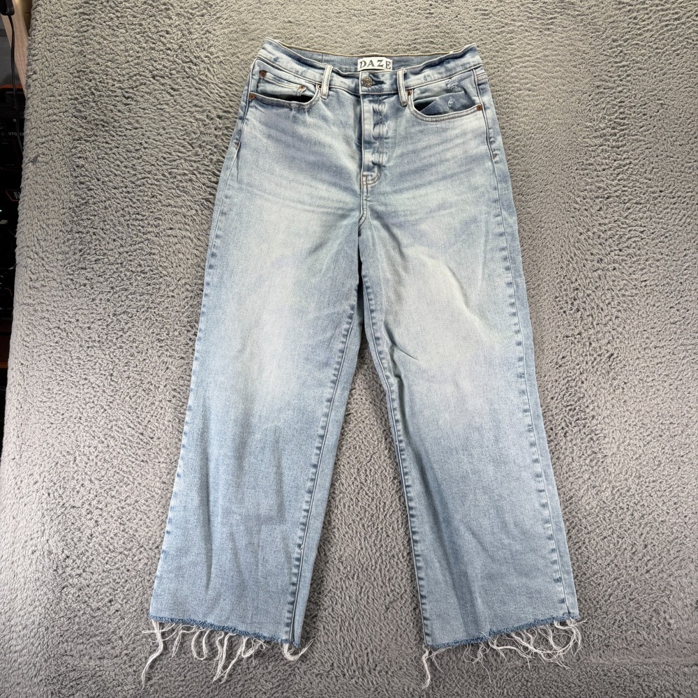 Daze Jeans Women 29x28 Blue Cotton Denim Wide-Leg Ankle Workwear Raw Hem Stretch